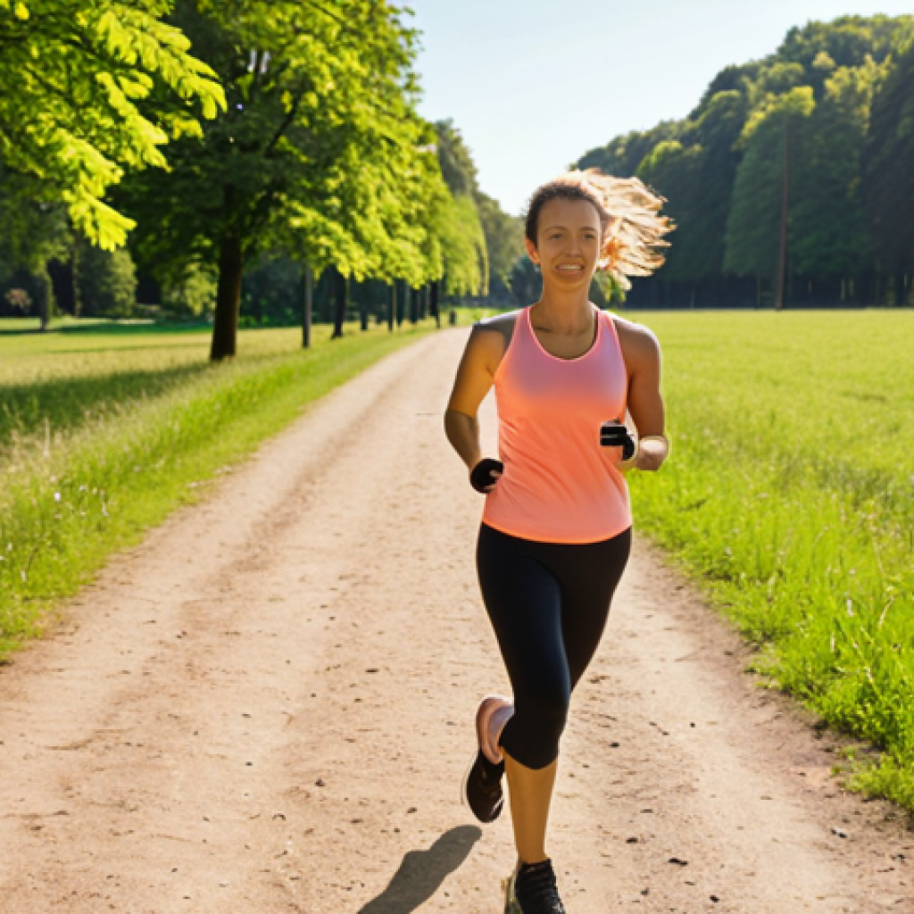 **Image Prompt:** A person confidently jogging in a park during a sunny morning, visibly achieving a fitness goal (SMART goal). The scene includes a fitness tracker on their wrist, showing progress. The overall tone is motivational and bright, showcasing self-efficacy. Focus on natural German park scenery.