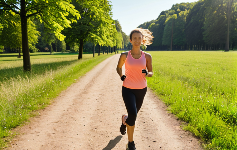 **Image Prompt:** A person confidently jogging in a park during a sunny morning, visibly achieving a fitness goal (SMART goal). The scene includes a fitness tracker on their wrist, showing progress. The overall tone is motivational and bright, showcasing self-efficacy. Focus on natural German park scenery.