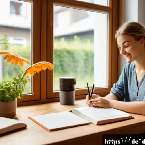 포지티브 심리학의 인지적 기초와 실천 방법 - A cozy, sunlit home office scene in a modern German apartment, featuring a young adult woman sitting...