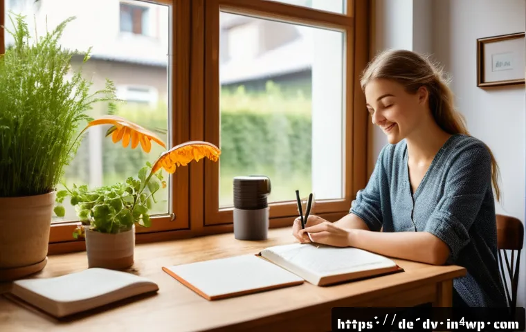 포지티브 심리학의 인지적 기초와 실천 방법 - A cozy, sunlit home office scene in a modern German apartment, featuring a young adult woman sitting...