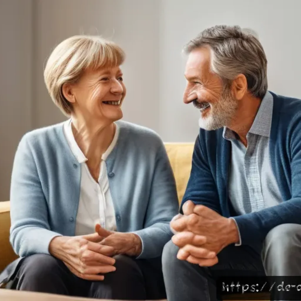 포지티브 심리학의 적용을 통한 대인 관계 개선 - A warm, cozy living room scene featuring two middle-aged German adults engaged in a heartfelt conver...