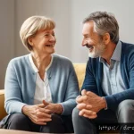 포지티브 심리학의 적용을 통한 대인 관계 개선 - A warm, cozy living room scene featuring two middle-aged German adults engaged in a heartfelt conver...