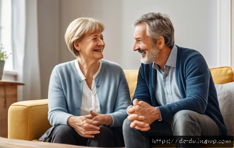 포지티브 심리학의 적용을 통한 대인 관계 개선 - A warm, cozy living room scene featuring two middle-aged German adults engaged in a heartfelt conver...