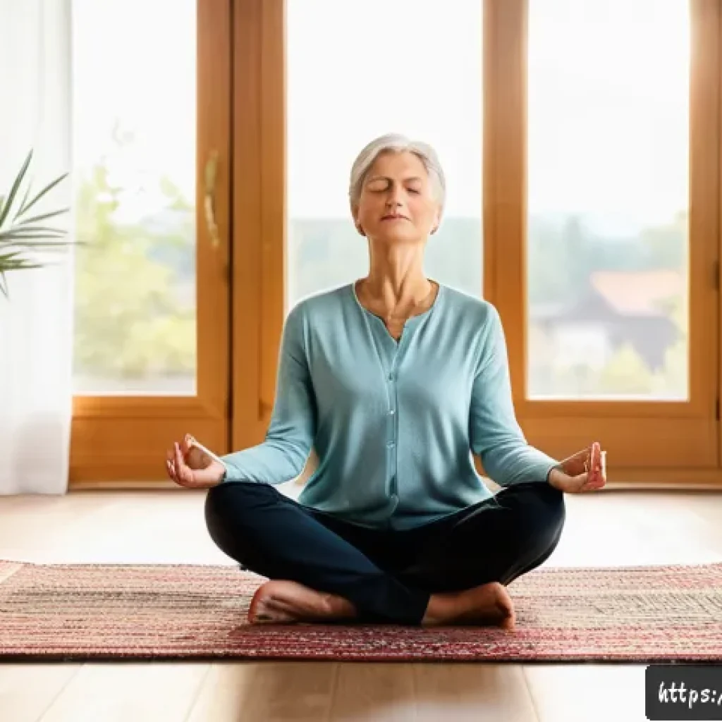 포지티브 심리학과 전인적 접근의 조화 - A serene morning scene in a cozy German living room featuring a middle-aged woman practicing mindful...