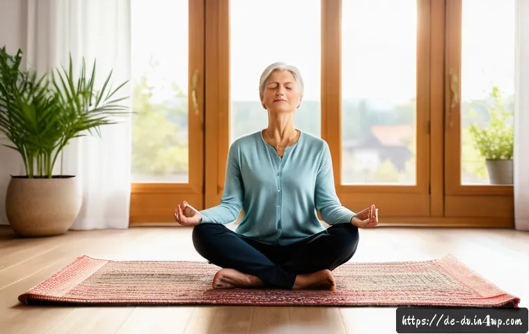 포지티브 심리학과 전인적 접근의 조화 - A serene morning scene in a cozy German living room featuring a middle-aged woman practicing mindful...
