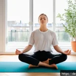 포지티브 심리학의 최신 연구 동향 - A serene morning scene in a modern German apartment featuring a young adult practicing mindful medit...