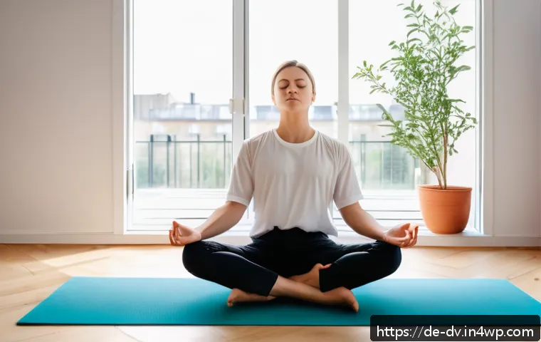 포지티브 심리학의 최신 연구 동향 - A serene morning scene in a modern German apartment featuring a young adult practicing mindful medit...