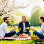 포지티브 심리학이 사회적 상호작용에 미치는 영향 - A serene scene of a diverse group of adult friends enjoying a casual weekend picnic in a lush German...