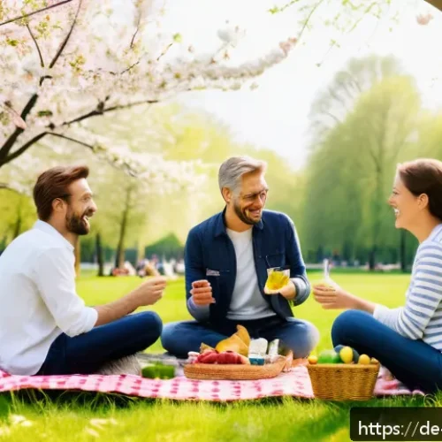 포지티브 심리학이 사회적 상호작용에 미치는 영향 - A serene scene of a diverse group of adult friends enjoying a casual weekend picnic in a lush German...