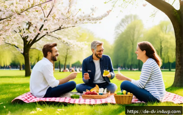 포지티브 심리학이 사회적 상호작용에 미치는 영향 - A serene scene of a diverse group of adult friends enjoying a casual weekend picnic in a lush German...