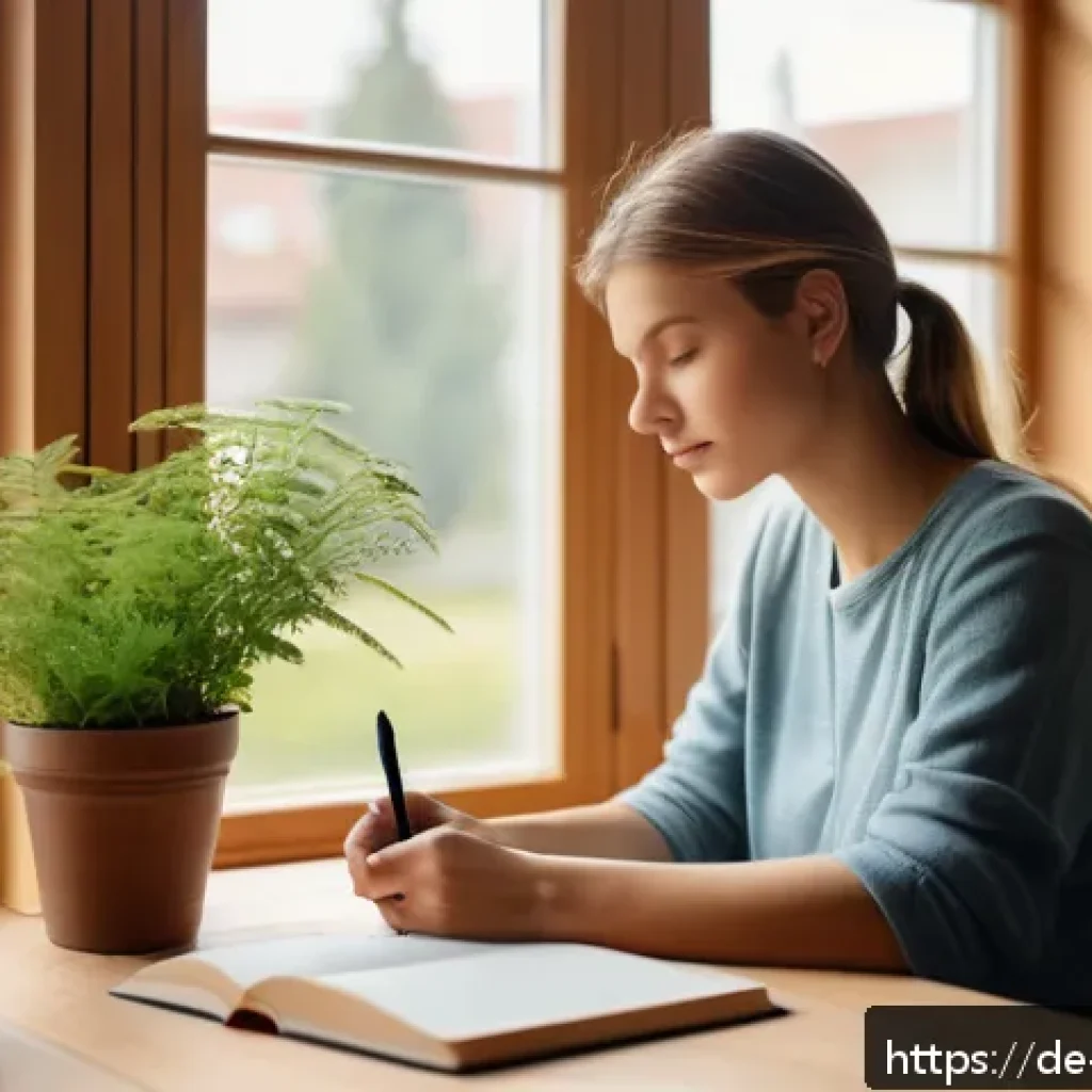 포지티브 심리학을 통한 회복 탄력성 개발 방안 - A serene morning scene in a cozy modern German apartment, a young adult woman sitting at a wooden ta...