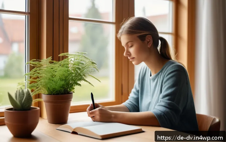 포지티브 심리학을 통한 회복 탄력성 개발 방안 - A serene morning scene in a cozy modern German apartment, a young adult woman sitting at a wooden ta...