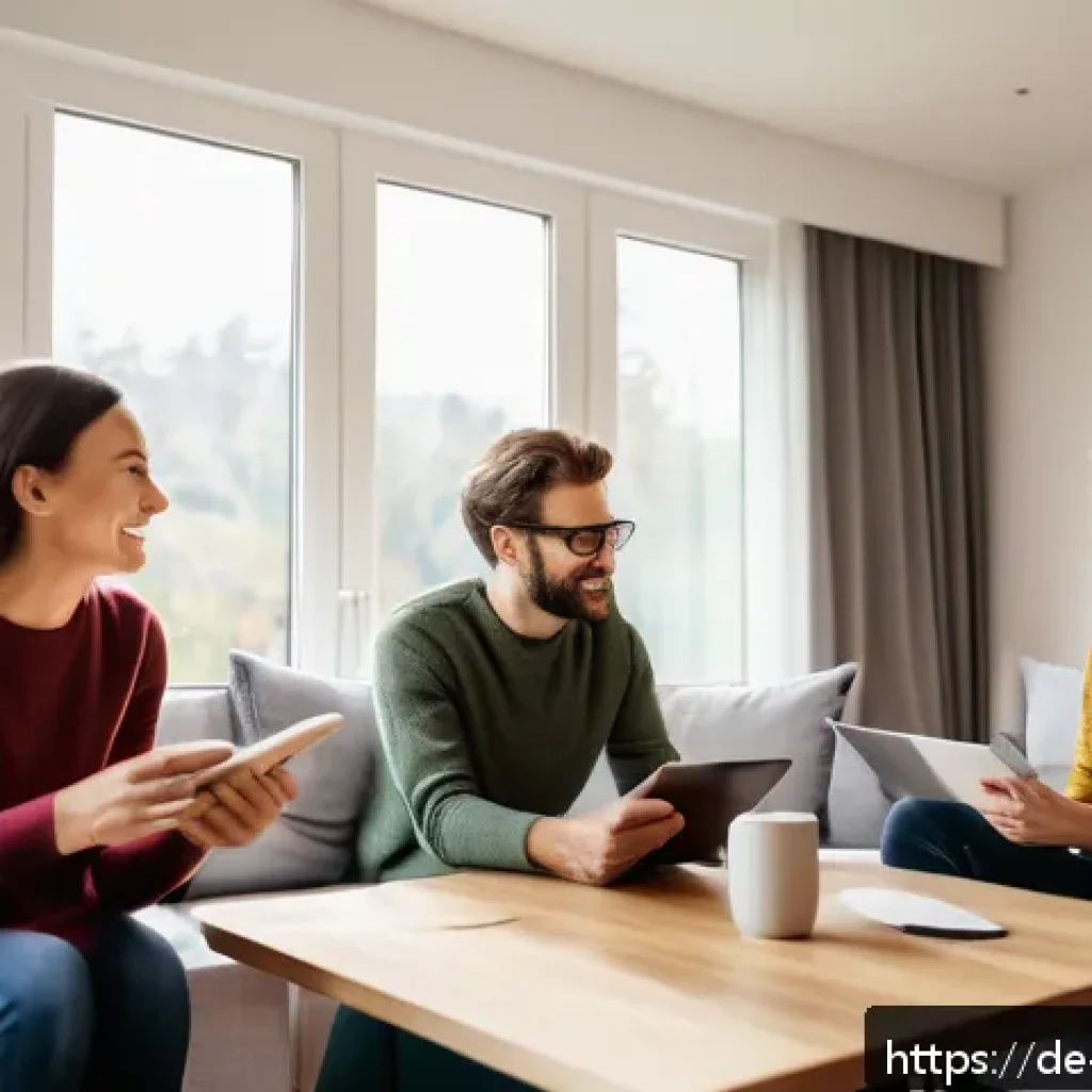 포지티브 심리학의 성과 지표와 평가 방법 - A diverse group of adults in a modern, cozy living room setting, engaging in a reflective group disc...