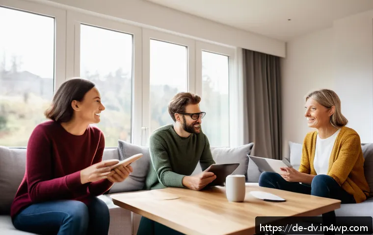 포지티브 심리학의 성과 지표와 평가 방법 - A diverse group of adults in a modern, cozy living room setting, engaging in a reflective group disc...