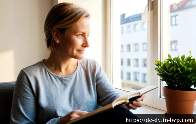 포지티브 심리학의 접근을 통한 개인의 정체성 찾기 - Photorealistic German adult woman in her late 30s sitting peacefully at a bright apartment window in...