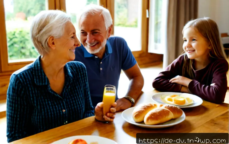 포지티브 심리학이 가족 관계에 미치는 영향 - Photorealistic warm family breakfast in a bright modern German home, three generations smiling and l...